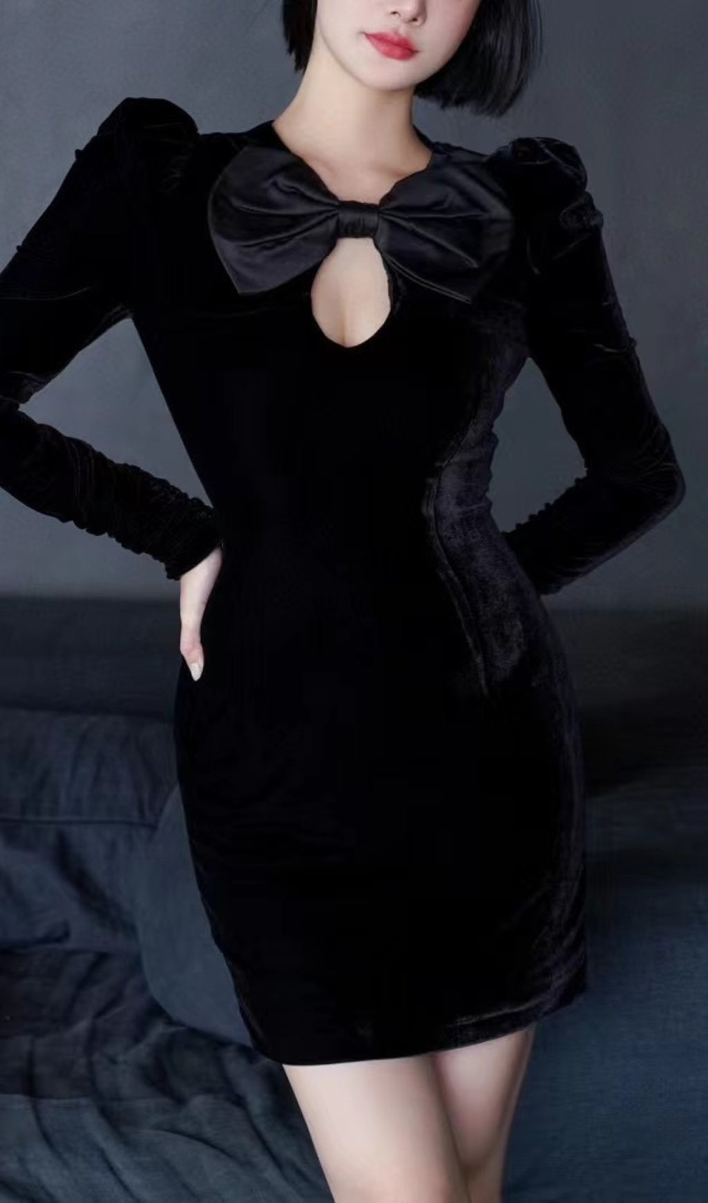 Fashionslee Women Black Velvet Hollow Bow Long-Sleeve Mini Dress