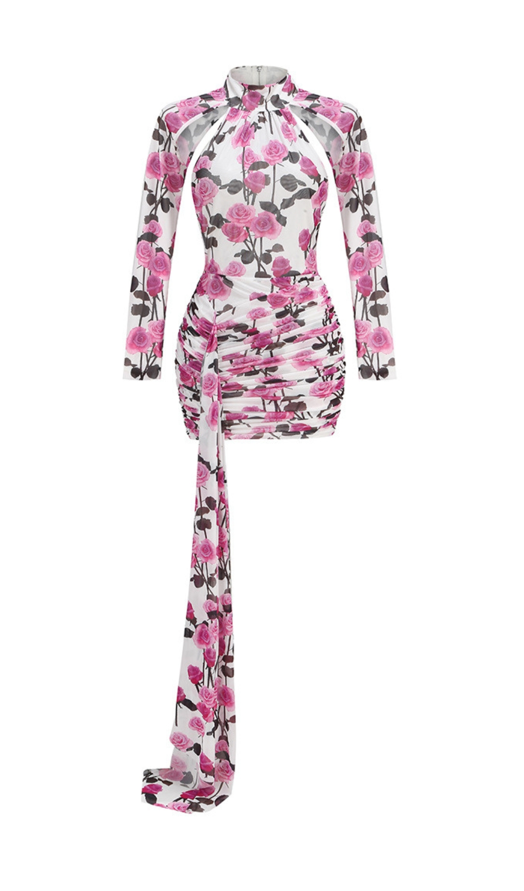 Fashionslee Women Brisa Rose Ruched Long Sleeve Mini Dress