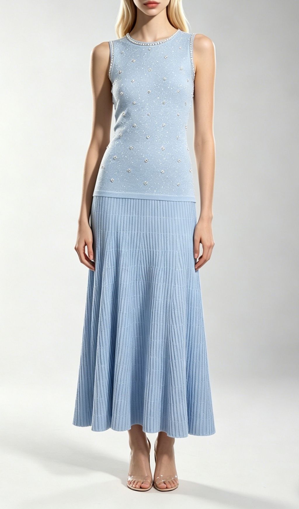 Fashionslee Women Kimberley Blue Beaded Knit Midi Dress