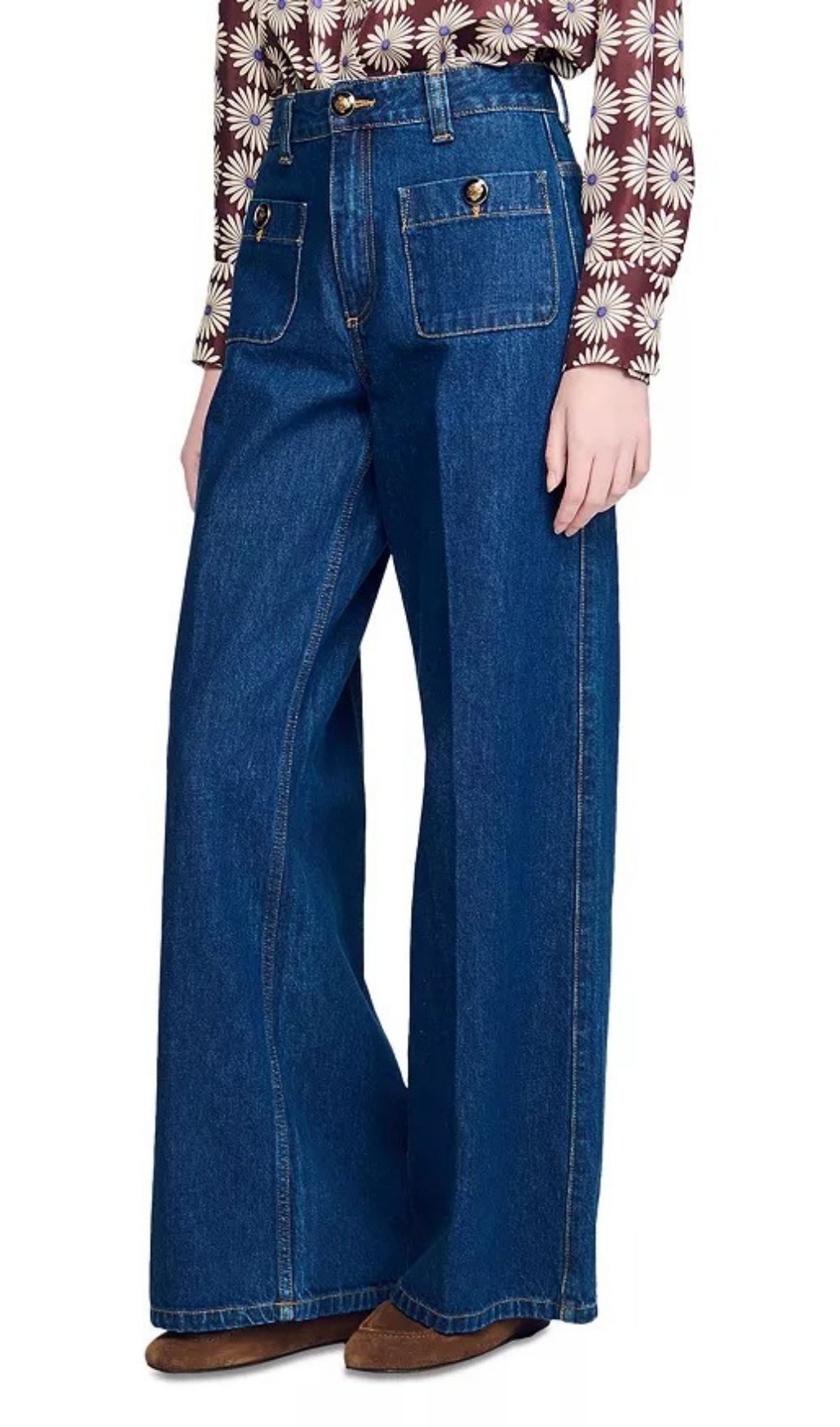 Fashionslee Women Straight Patch Pocket Jeans in Dark Blue