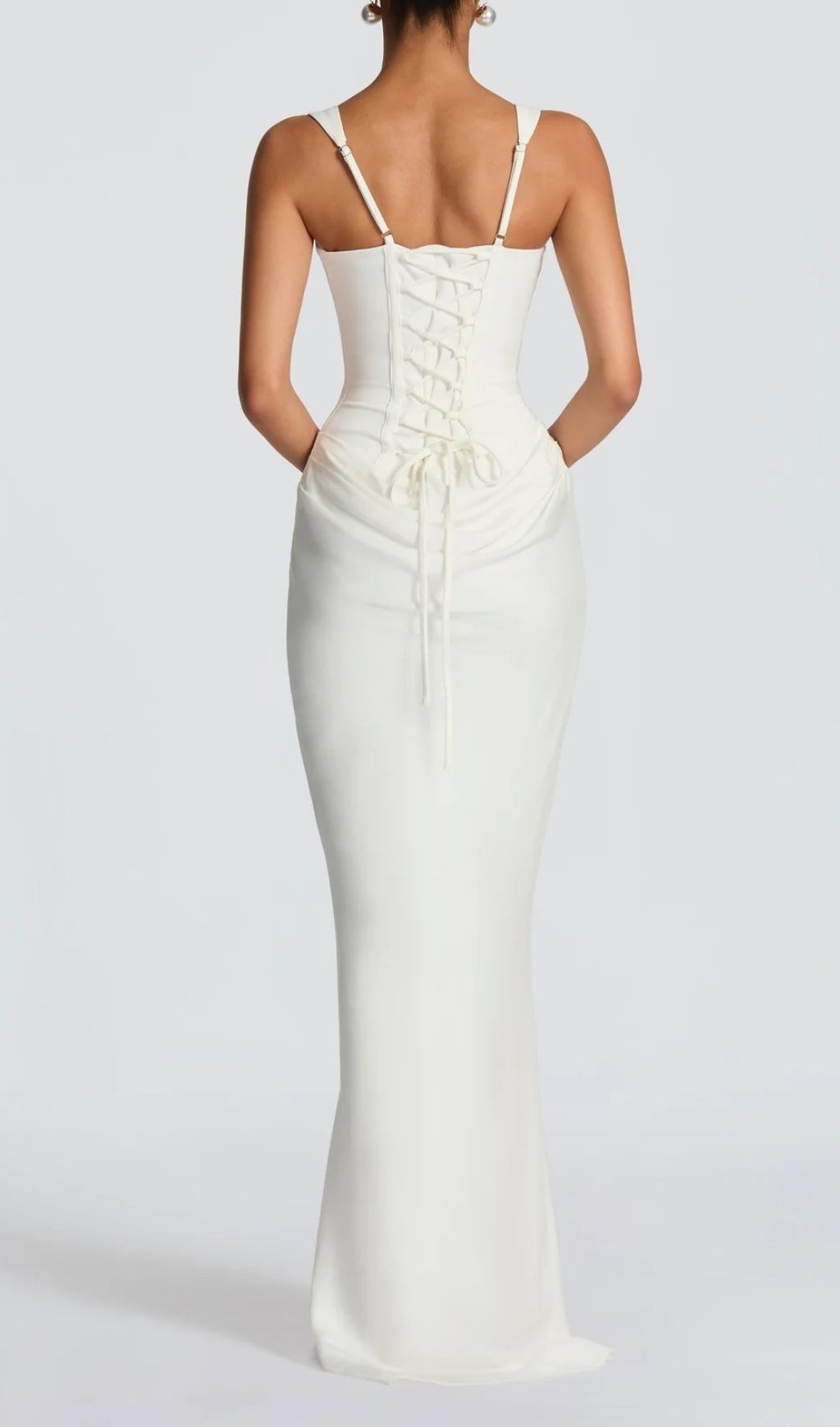 Fashionslee Women Keelia White Strappy Corset Ruched Maxi Dress