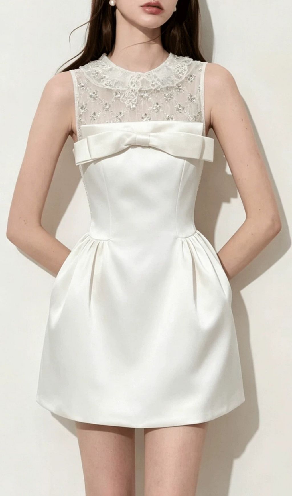 Fashionslee Women Kimiyo White Lace Sequin Bow Mini Dress