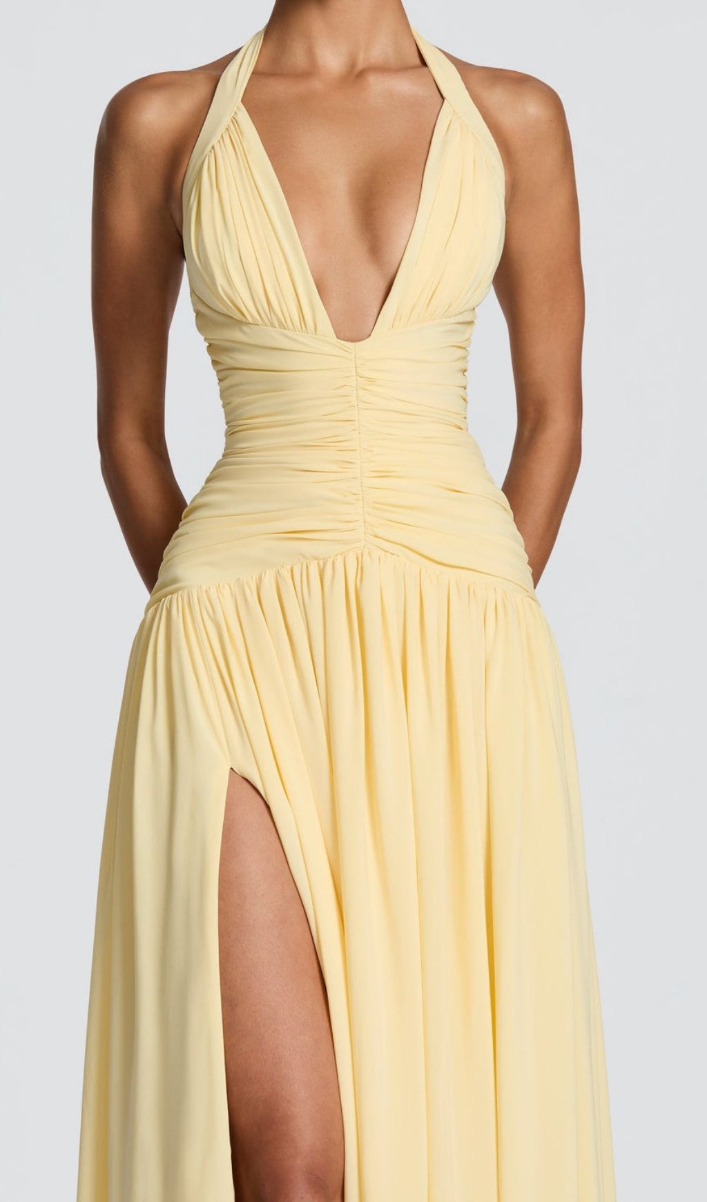 70103c95d5a8be4ed8477de5d9d11764.jpg Fashionslee Women Kelley Yellow Halter Ruched Maxi Dress