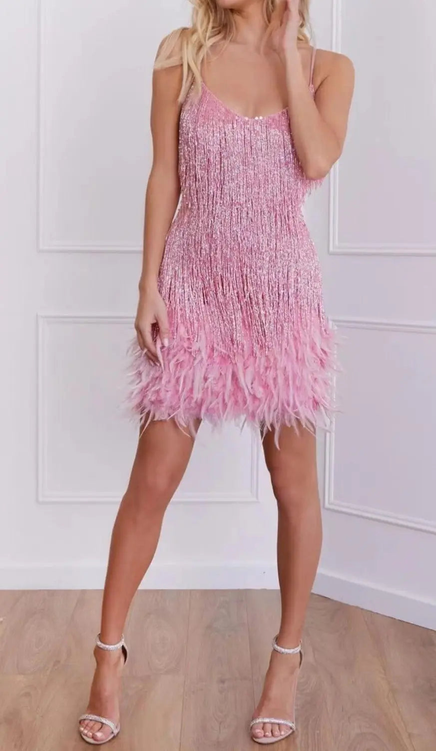 Fashionslee Women Tassel Feather Mini Dress In Pink