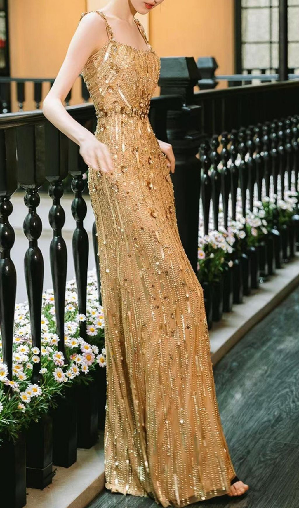 Fashionslee Women Kristin Gold Strappy Embellished Maxi Dress