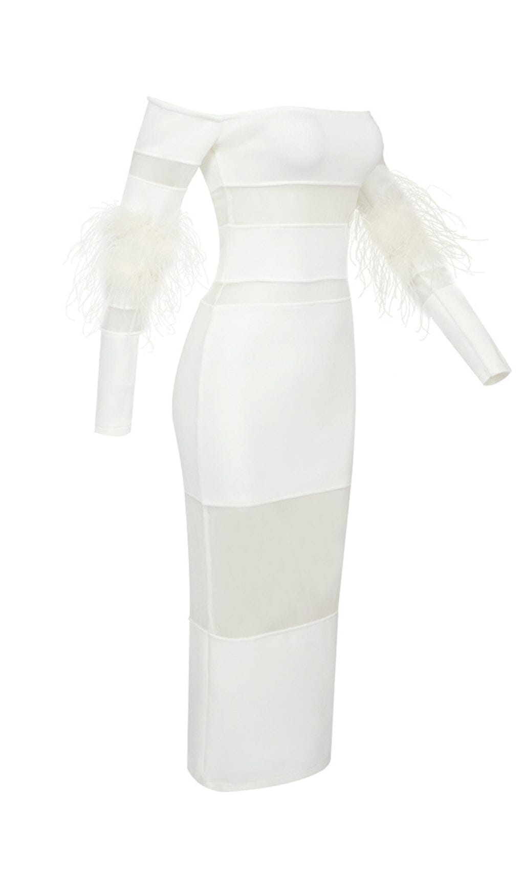 Fashionslee Women Bandage Off-Shoulder Feather Midi Dress In White