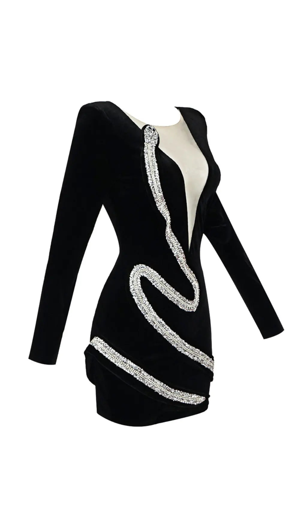 7094baf62567c9b6c845cb05c7a8e726.jpeg Fashionslee Women Rhinestone Serpenta Deep-V Velvet Mini Dress
