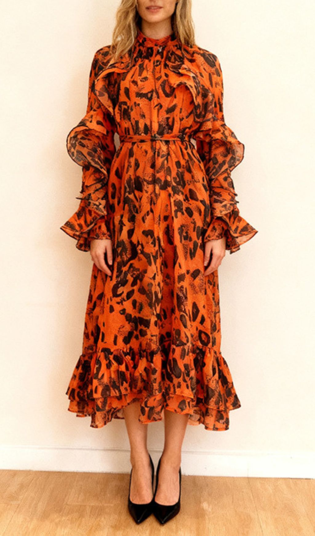 Fashionslee Women Iqbal Leopard Long Sleeve Midi Dress
