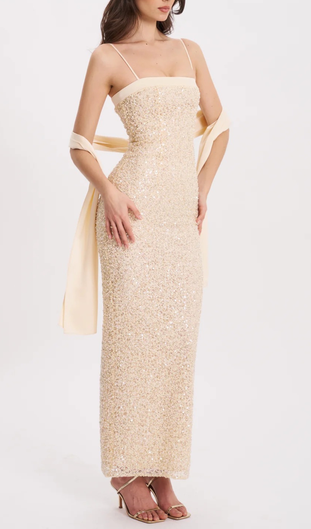 Fashionslee Women Raizel Gold Beaded Sequin Bodycon Gown with Scarf