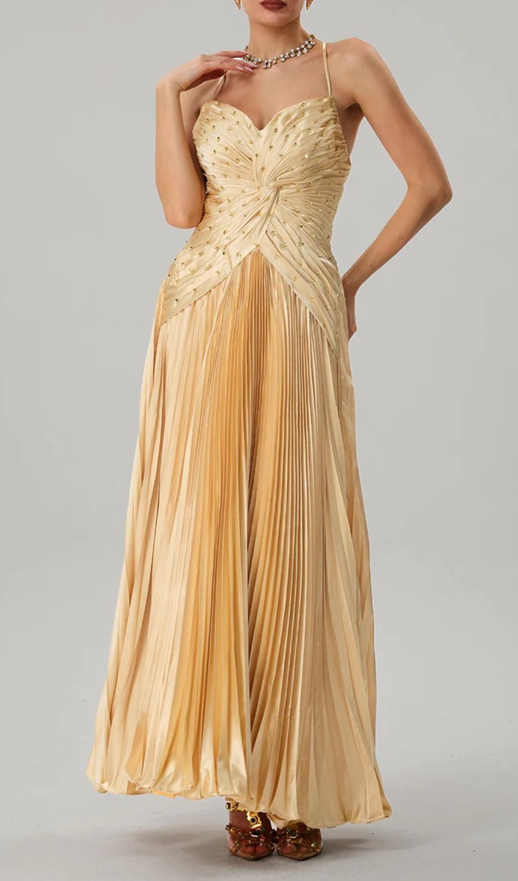 Fashionslee Women Jagtopo Spaghetti Twisted Pleated Maxi Dress