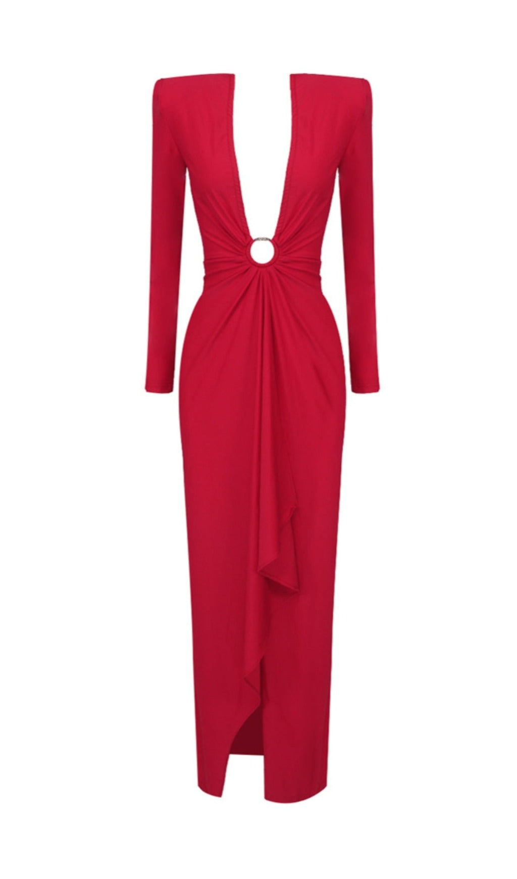 710585f3c7755d64c6cb3af2f60cef6d.jpeg Fashionslee Women Red Plunge-Neck Draped Gown
