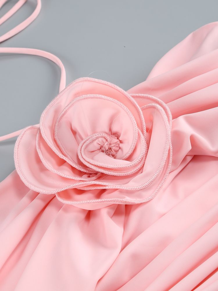715068a66a705f1cb504a4162f0e8be8.jpg Fashionslee Women Brick Pink Halter Flower Draped Mini Dress