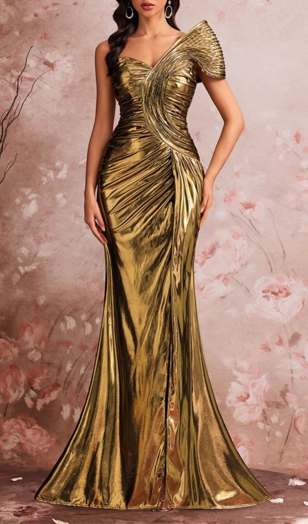 Fashionslee Women Ceinwen One Shoulder Ruched Metallic Maxi Dress