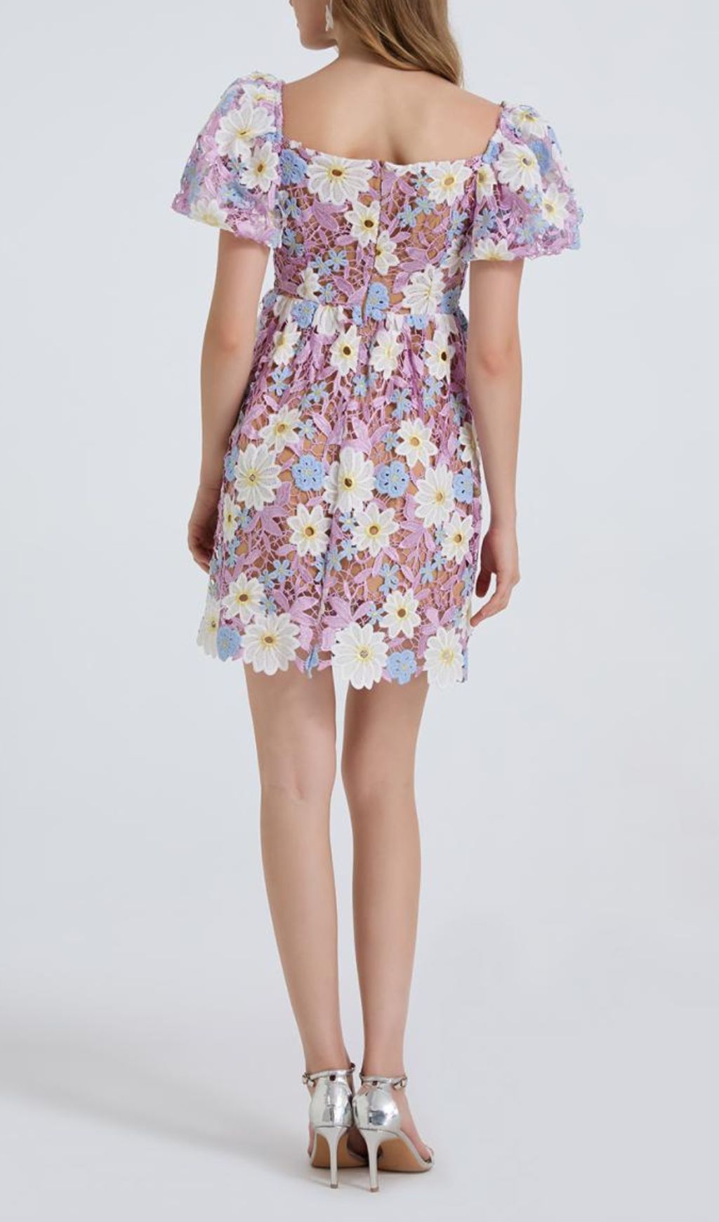 Fashionslee Women Fiducia Purple Flower Embroidery Puff Sleeve Mini Dress