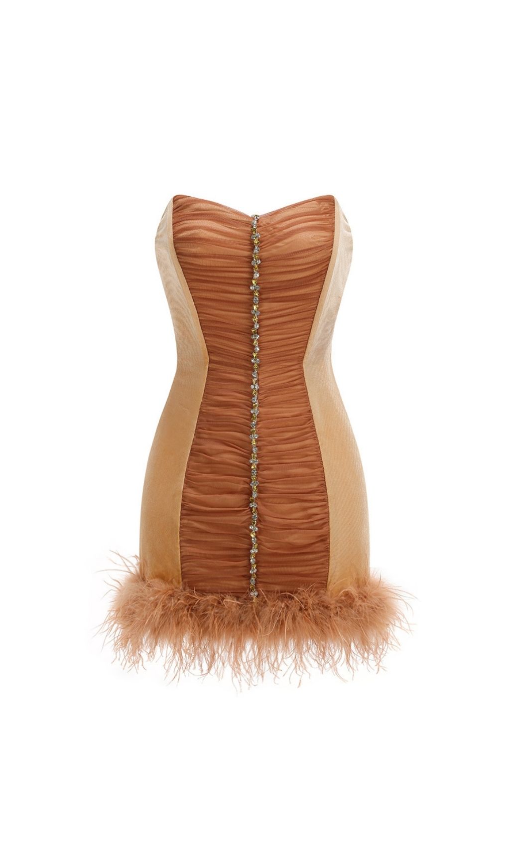 Fashionslee Women Kazuhito Strapless Diamante Ruched Feather Mini Dress