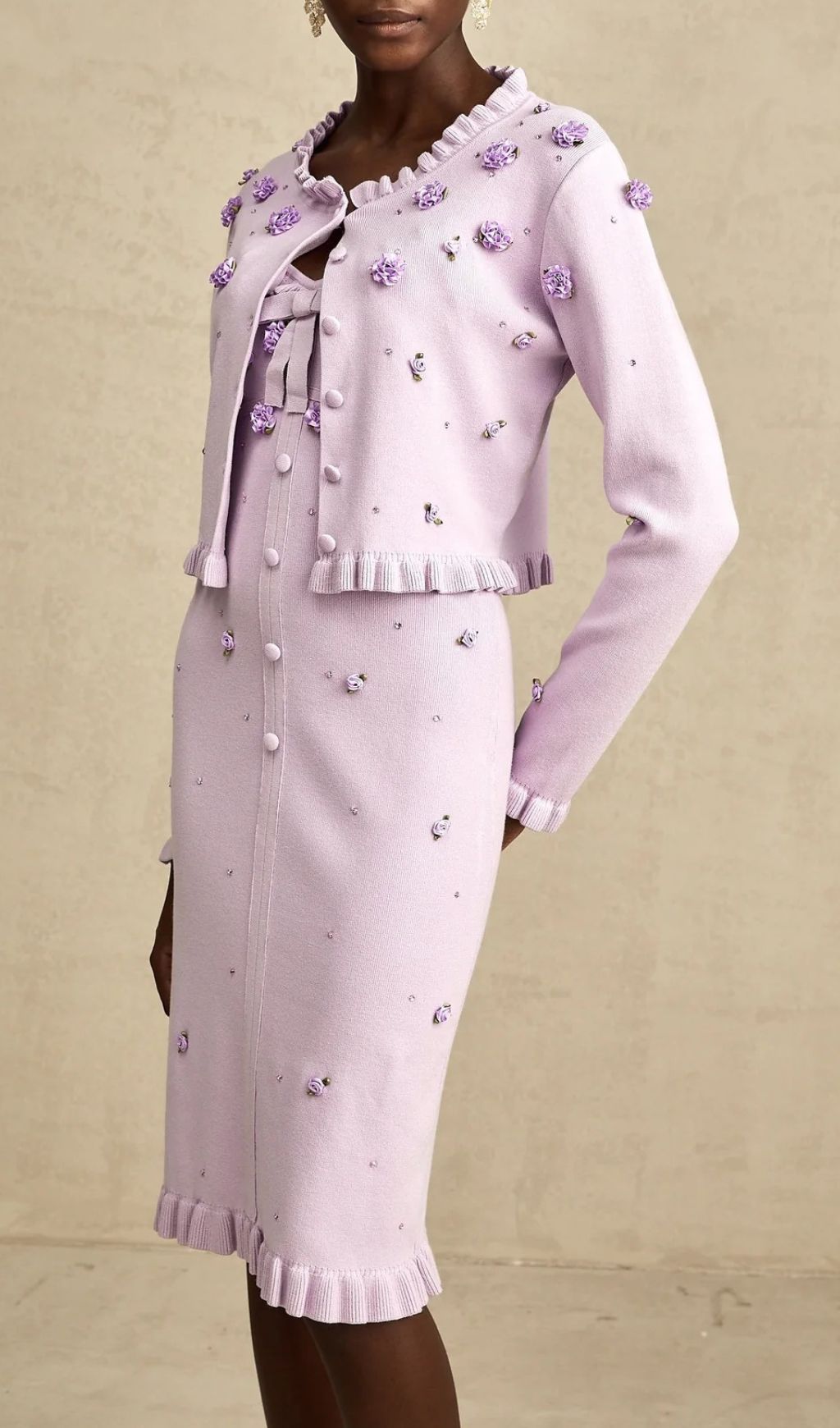 Fashionslee Women Hermes Purple Flower Cardigan & Midi Dress