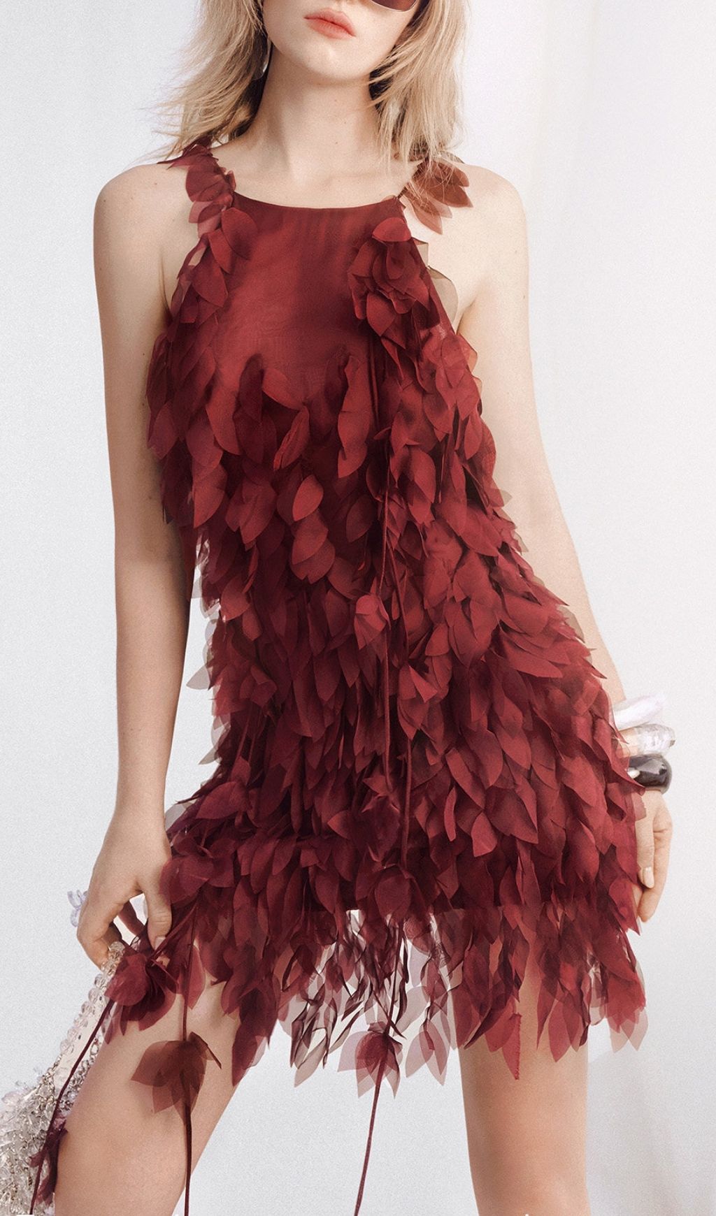 Fashionslee Women Korie Leaf Embellished Mesh Mini Dress