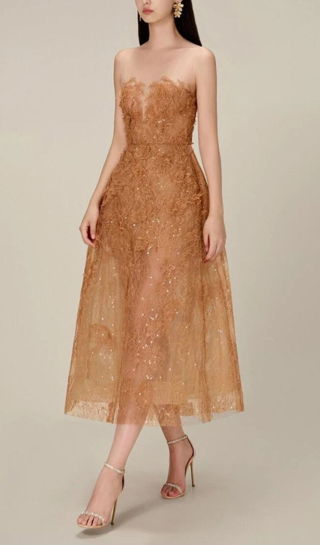 Fashionslee Women Allyson Caramel Floral Lace Embroider Midi Dress