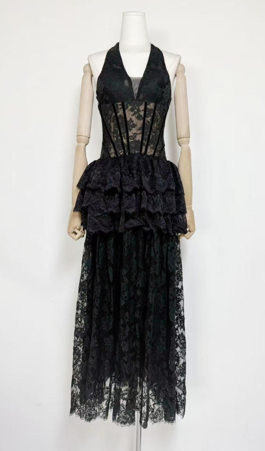 7216f6a48bfc5f2cec79a71fb80a64b4.jpg Fashionslee Women Kaylie Halter Lace Layered Maxi Dress