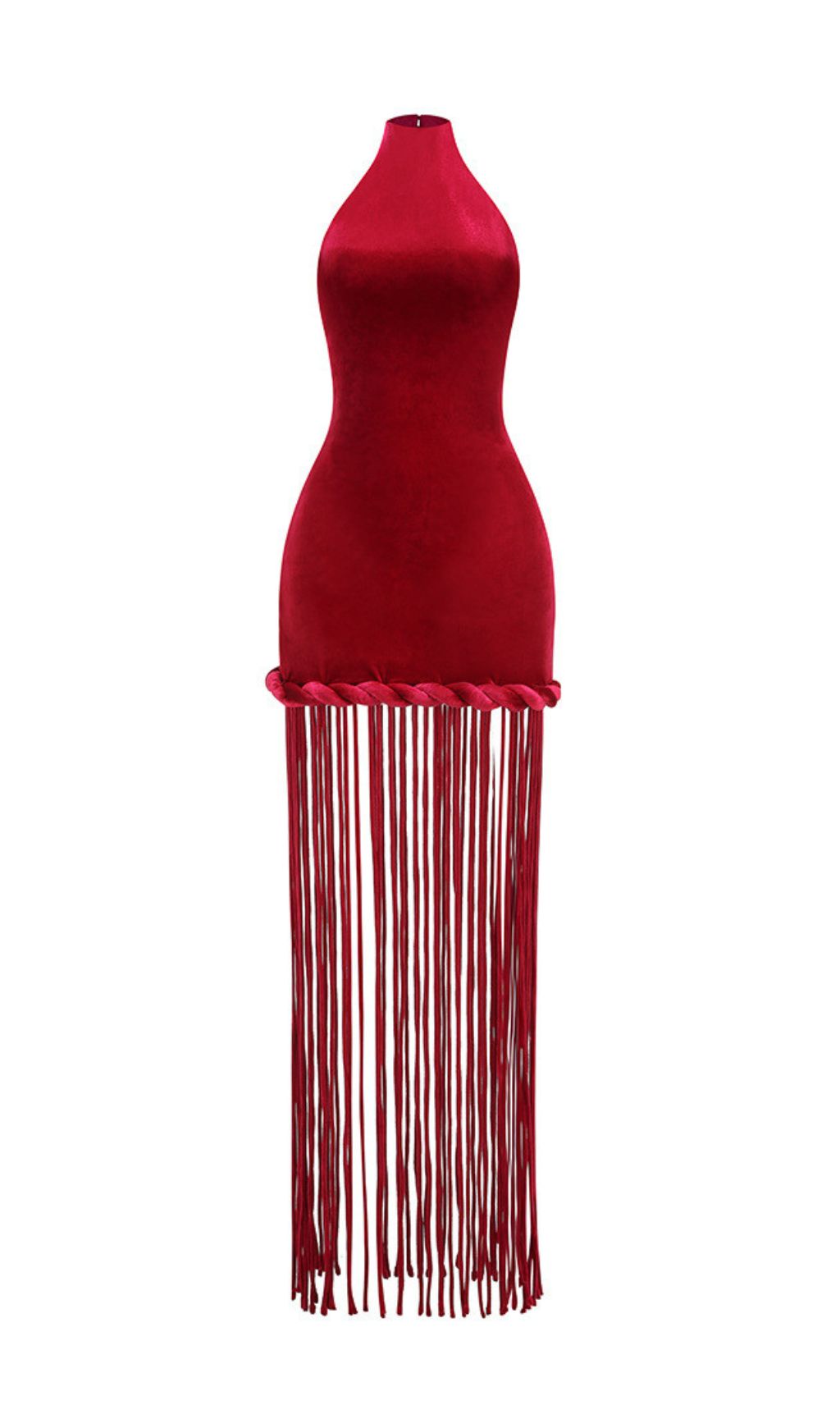 Fashionslee Women Jayla Red Halter Velvet Tassel Maxi Dress