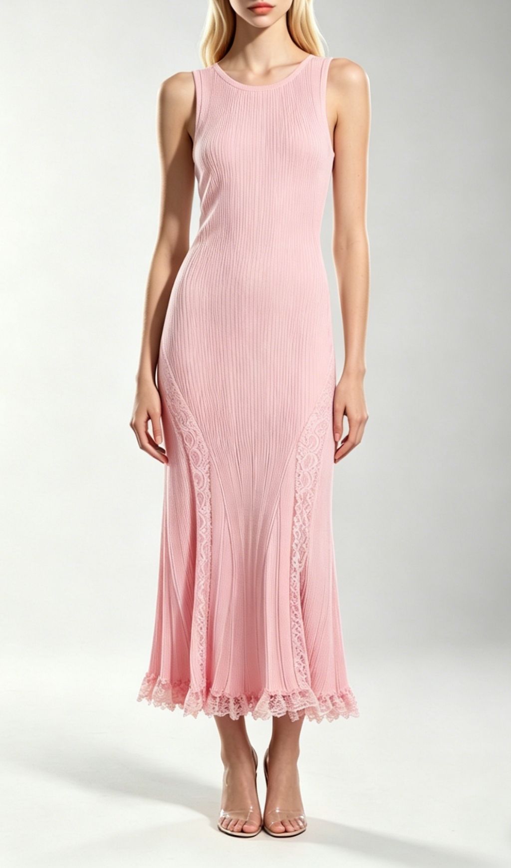 Fashionslee Women Kinzy Pink Sleeveless Lace Midi Dress