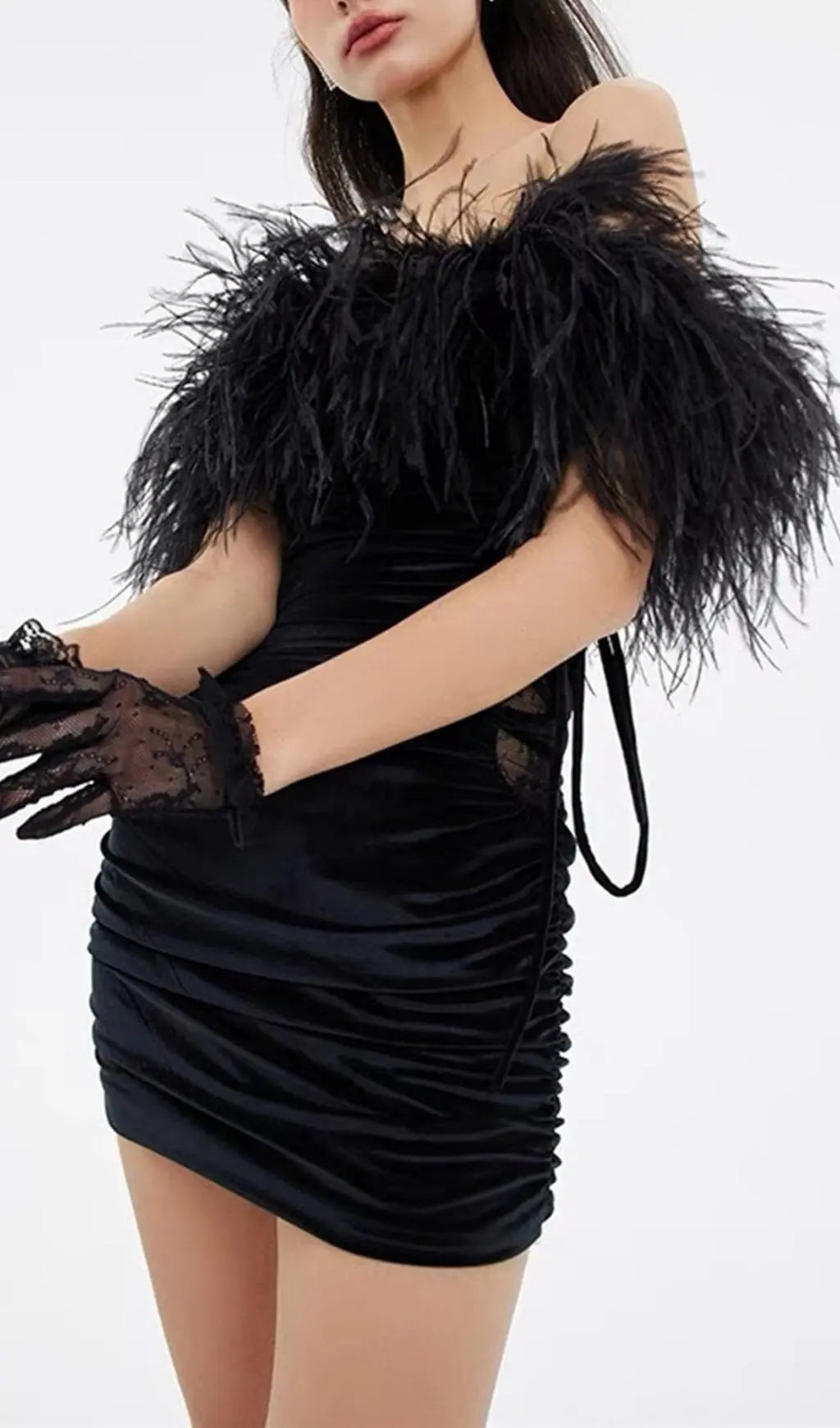 Fashionslee Women Velvet Off-Shoulder Feather Mini Dress In Black