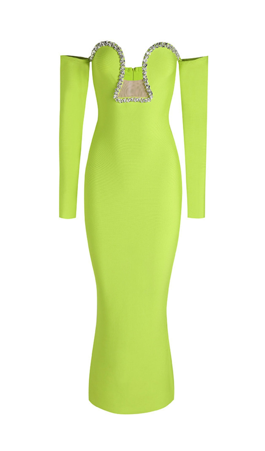 Fashionslee Women Green V-Neck Off-Shoulder Long-Sleeved Mesh Diamond Bandage Dress