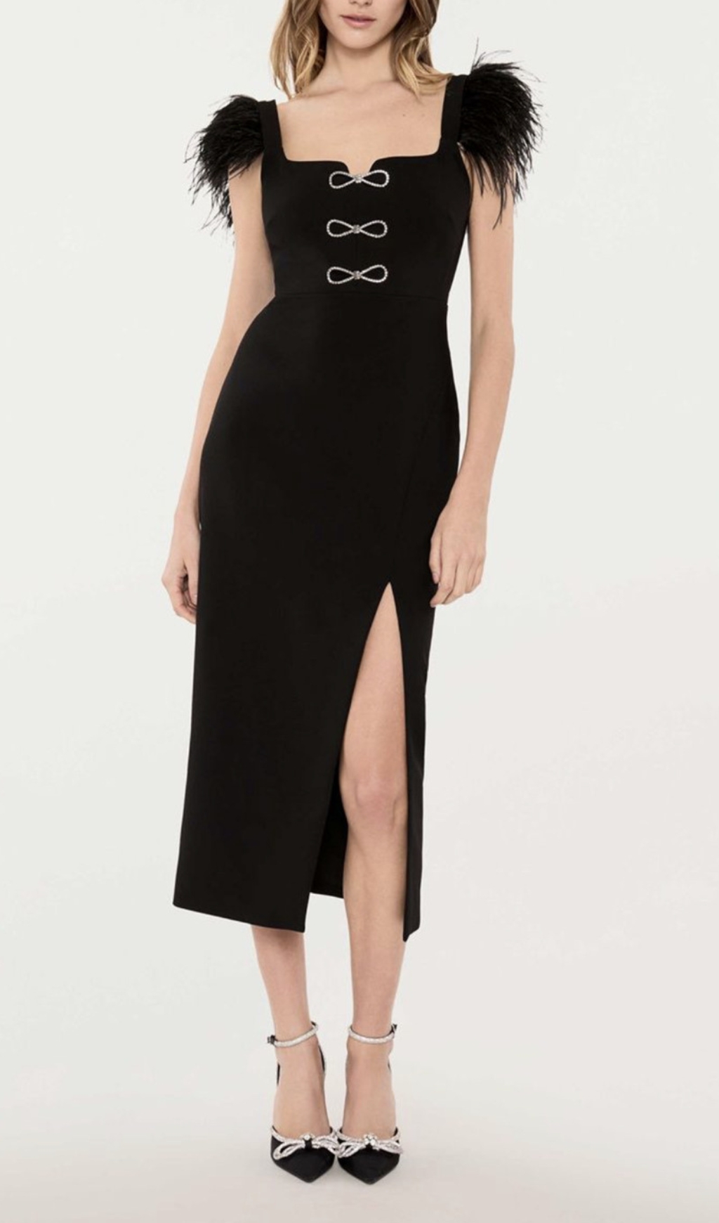Fashionslee Women Cari Black Bow Feather Bandage Midi Dress