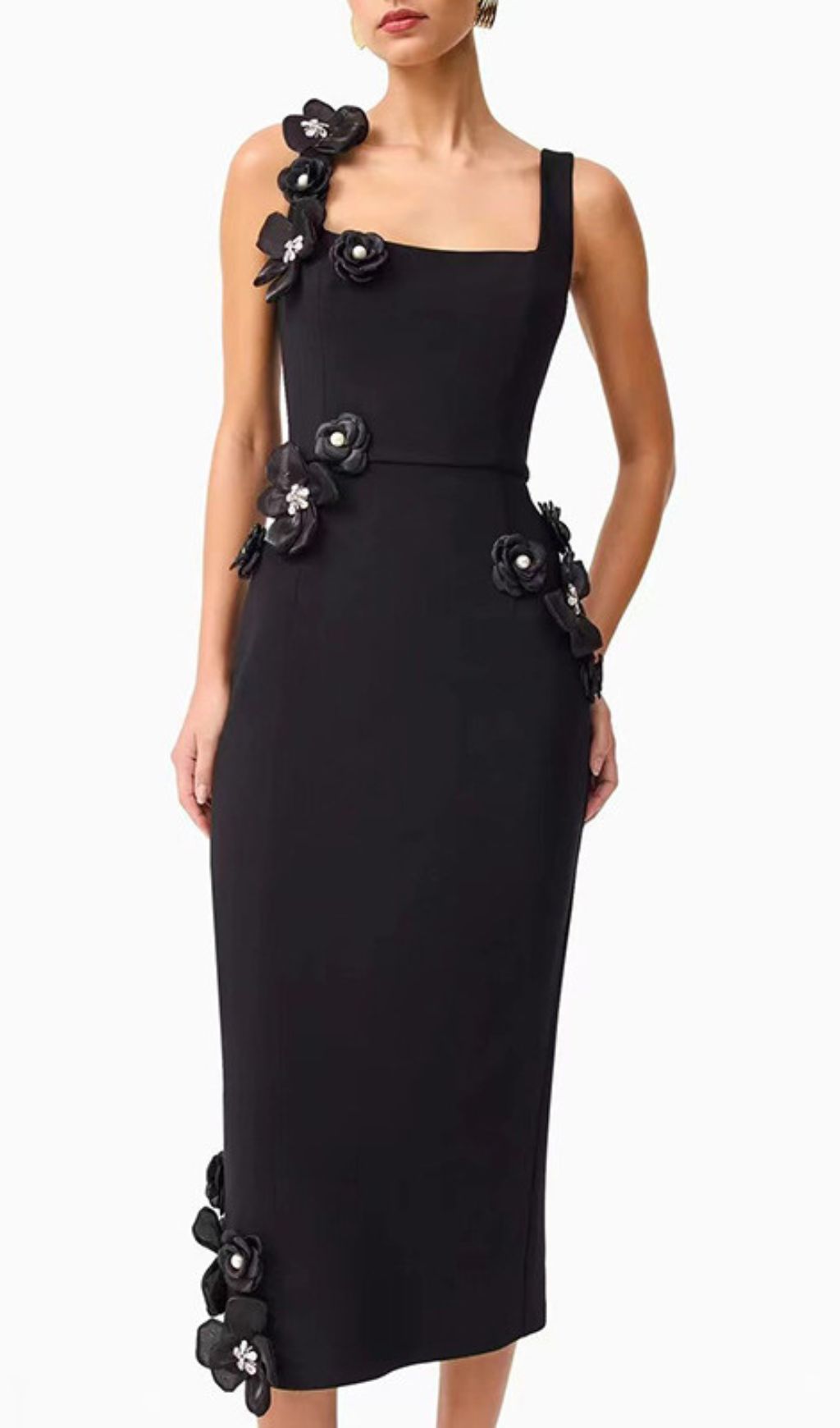 Fashionslee Women Harper Black Flower Embellished Midi Dress