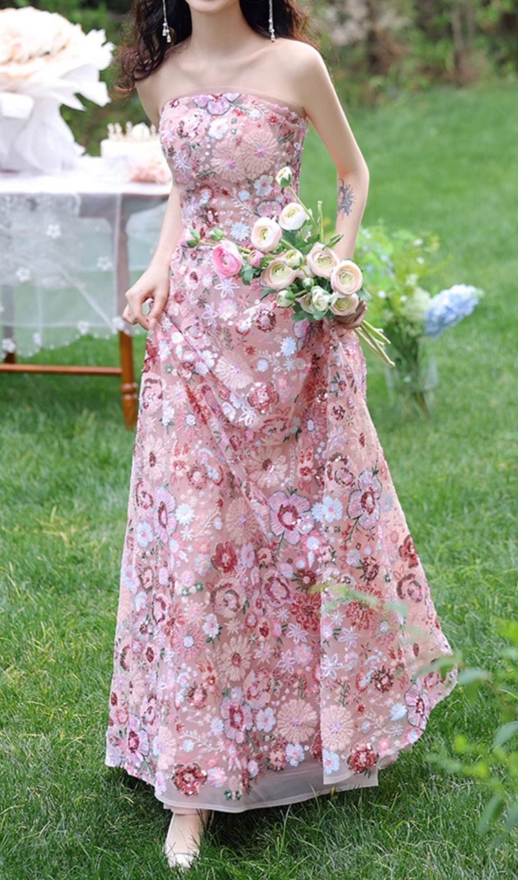 Fashionslee Women Geovany Pink Strapless Flower Sequin Maxi Dress