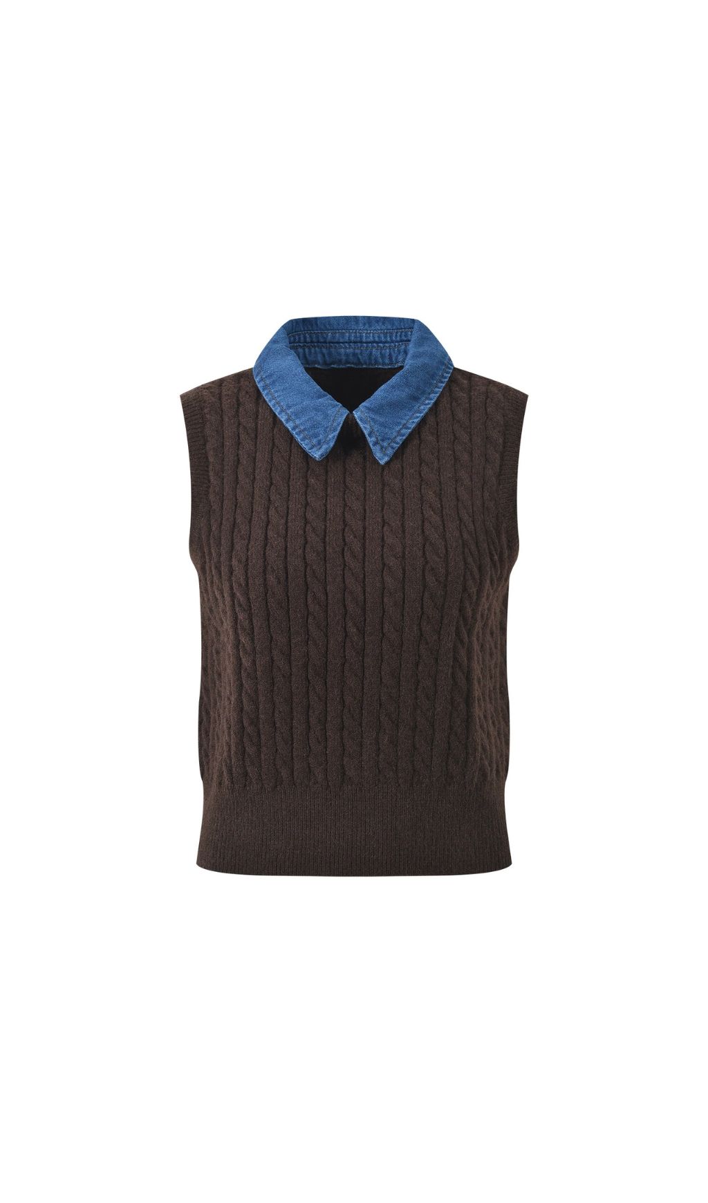 TRENDING CABLE KNIT SWEATER WITH DENIM COLLAR - OWNCI