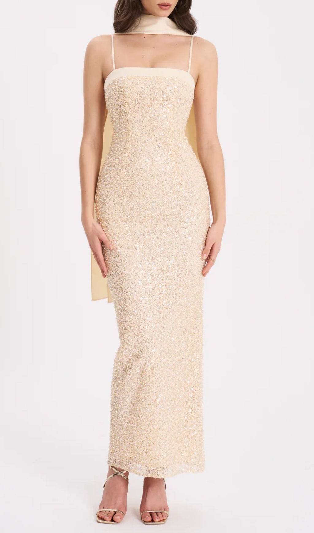 Fashionslee Women Raizel Gold Beaded Sequin Bodycon Gown with Scarf