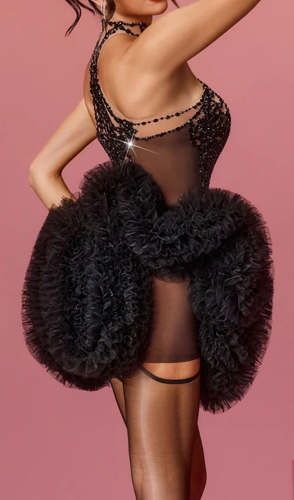 Fashionslee Women Lunexra High Neck Rhinestone Tulle Mini Dress