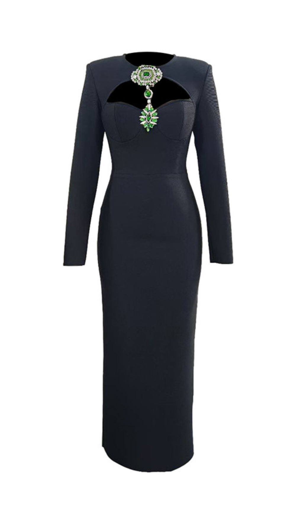 Fashionslee Women Hera Black Long Sleeve Crystal Maxi Bandage Dress