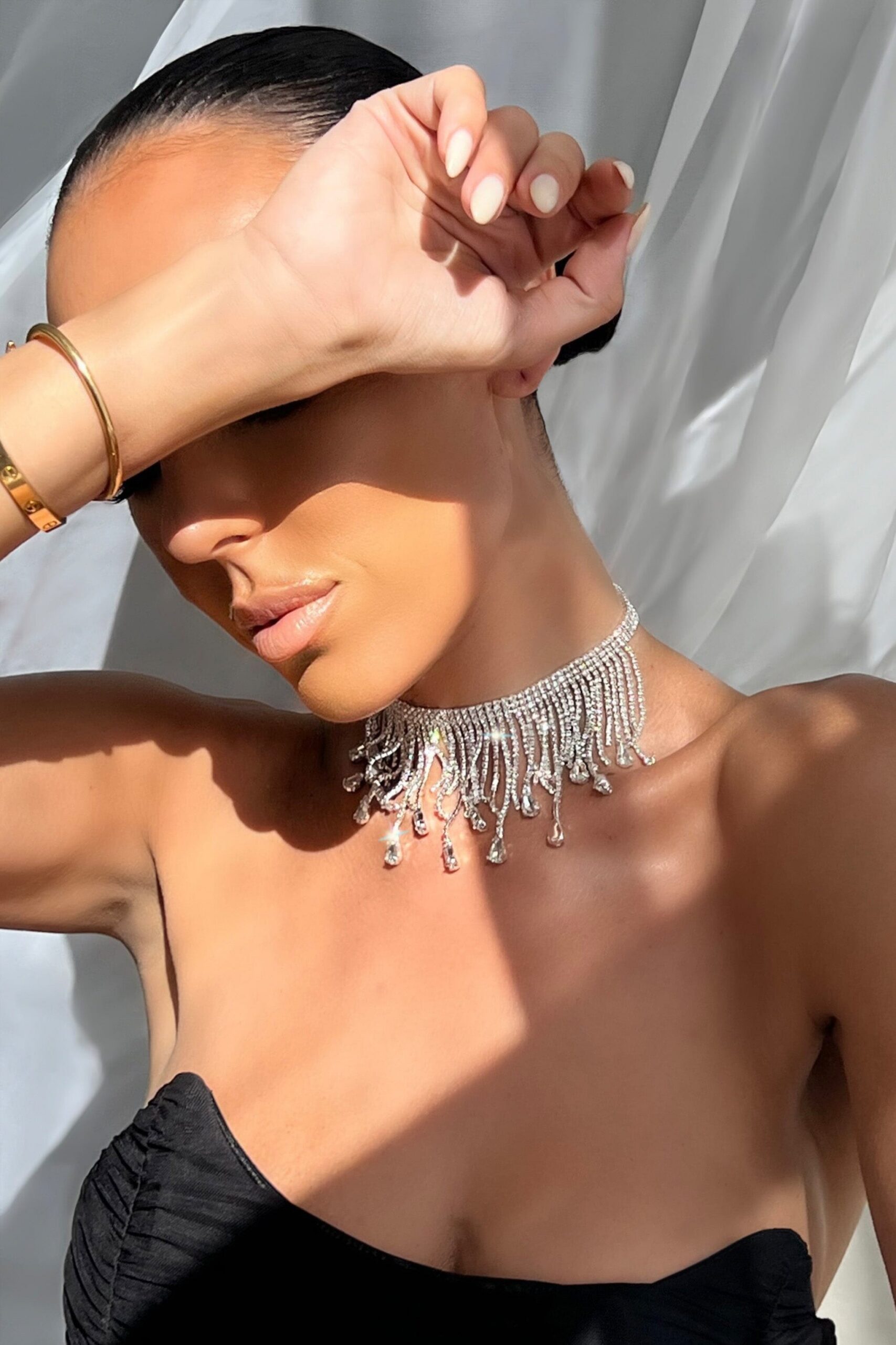Fashionslee Women Silver Choker Diamante Tassel Necklace