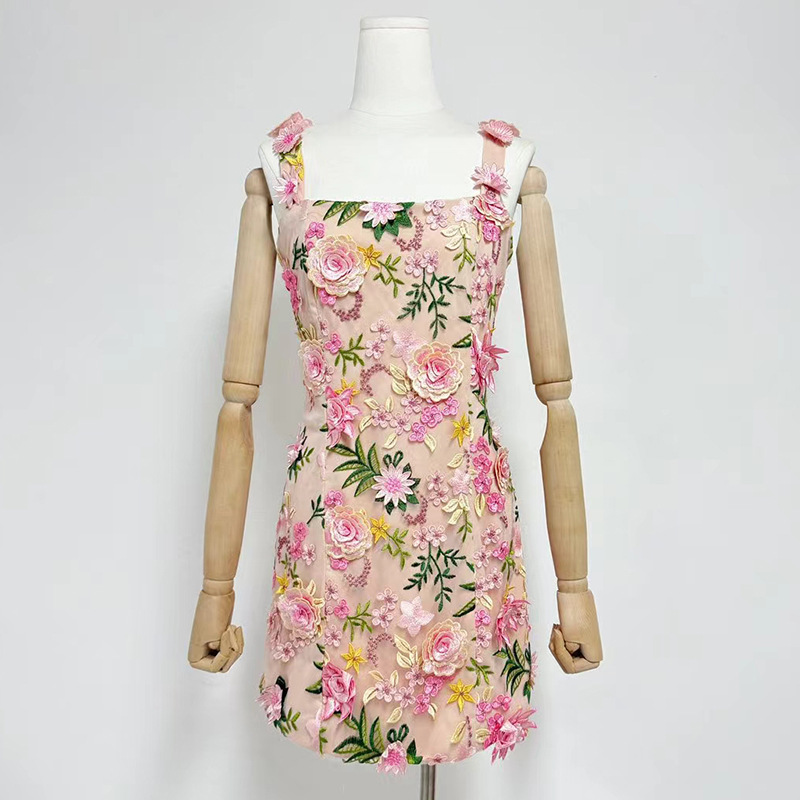 Fashionslee Women Fyodor Strappy Flower Embroidery Mini Dress