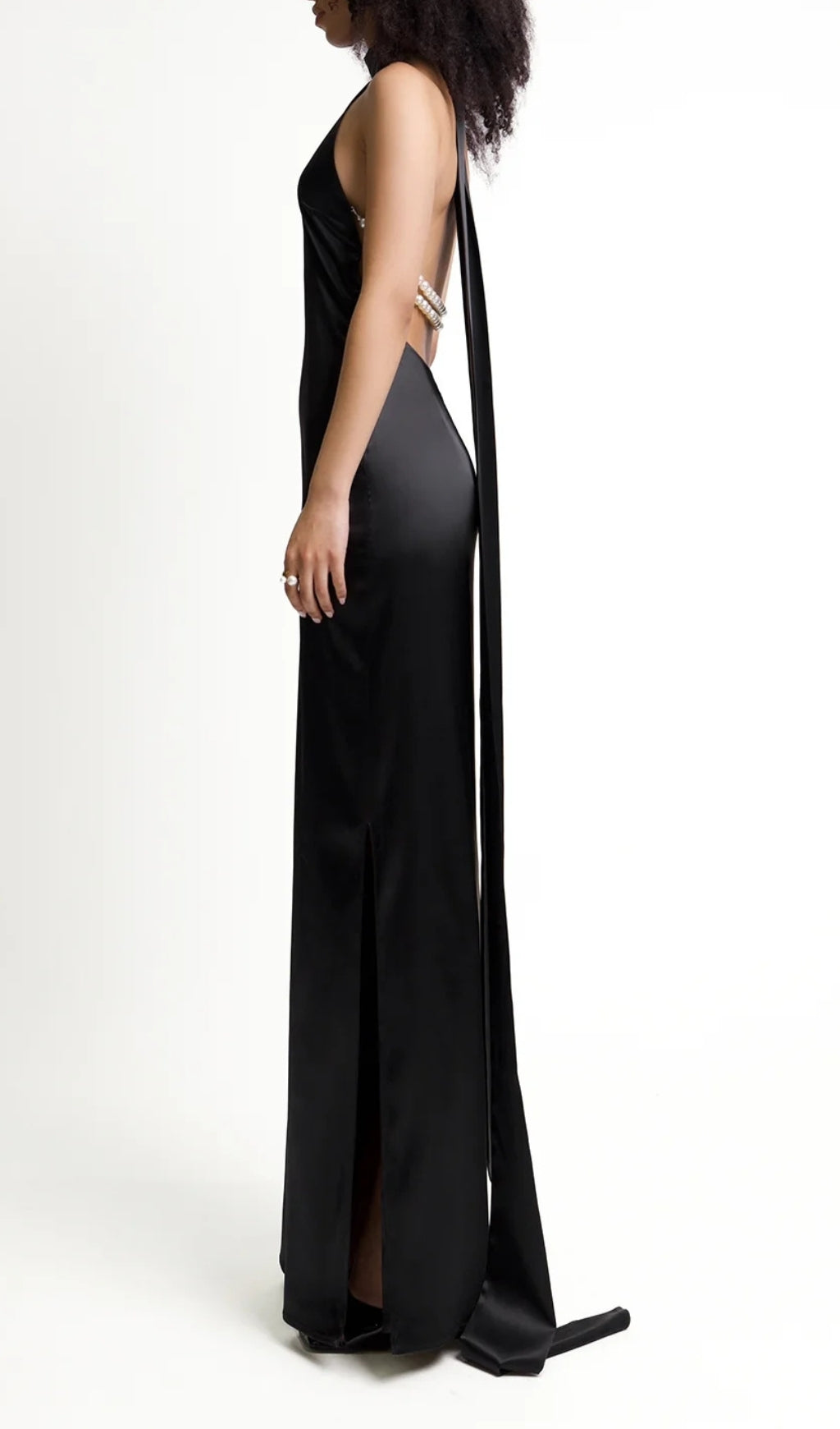 Fashionslee Women Birger Black Halter Pearl Backless Maxi Dress