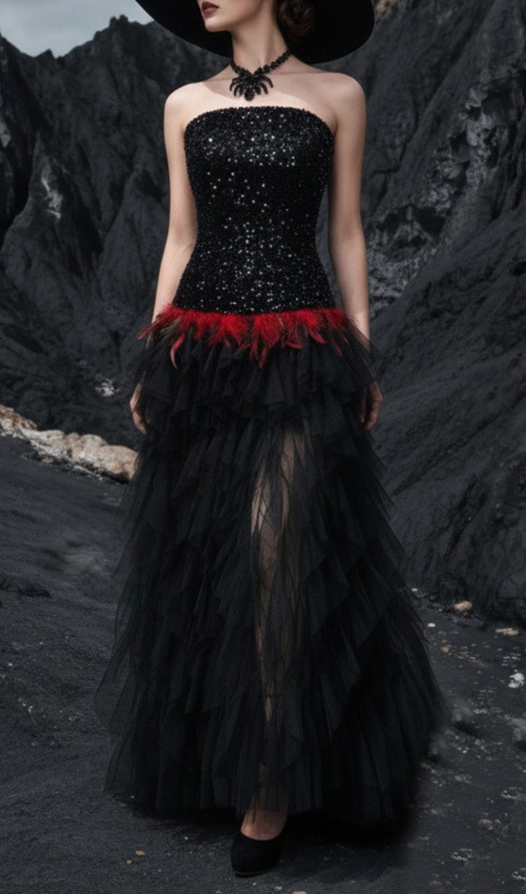 Fashionslee Women Jainna Black Strapless Sequin Mesh Maxi Dress