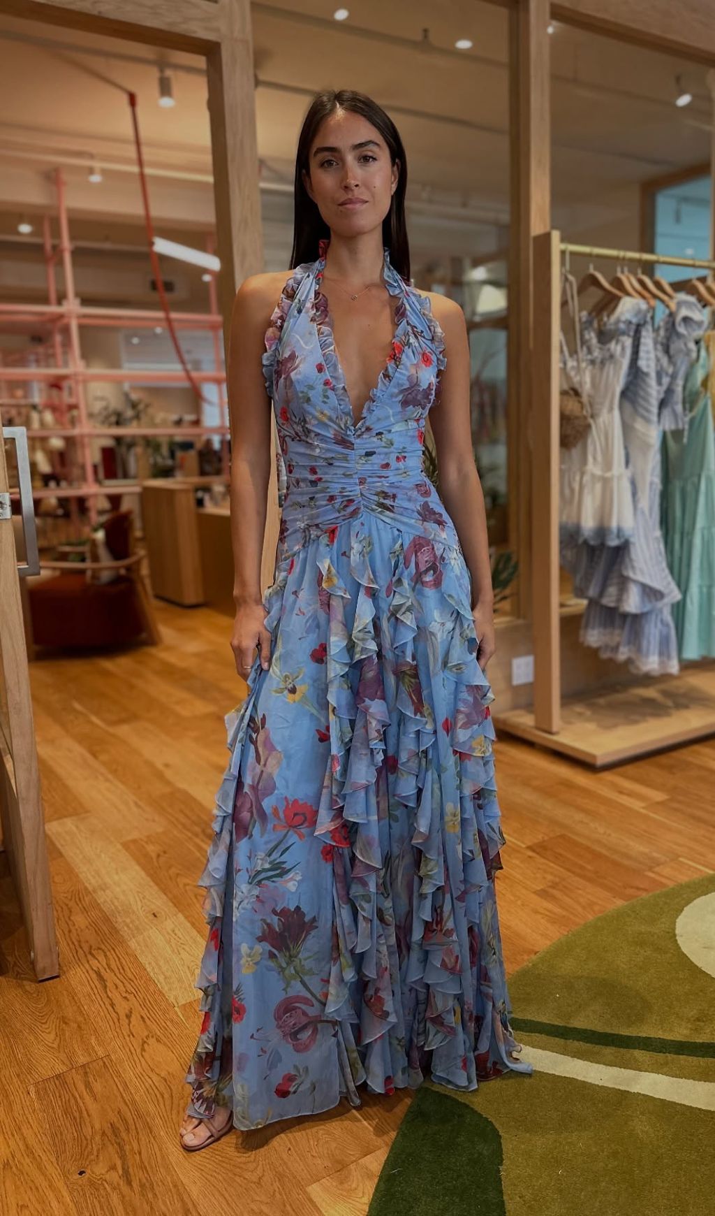 Fashionslee Women Delicah Blue Halter Floral Ruffle Maxi Dress