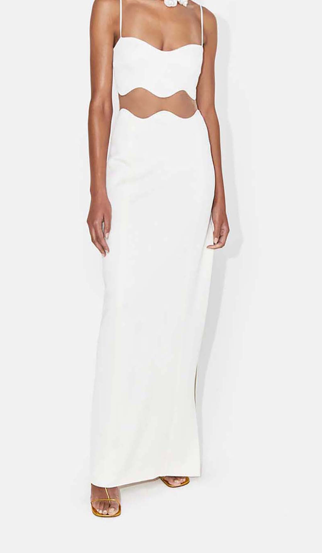 Fashionslee Women Scalloped Mesh Insert Maxi Dress In White