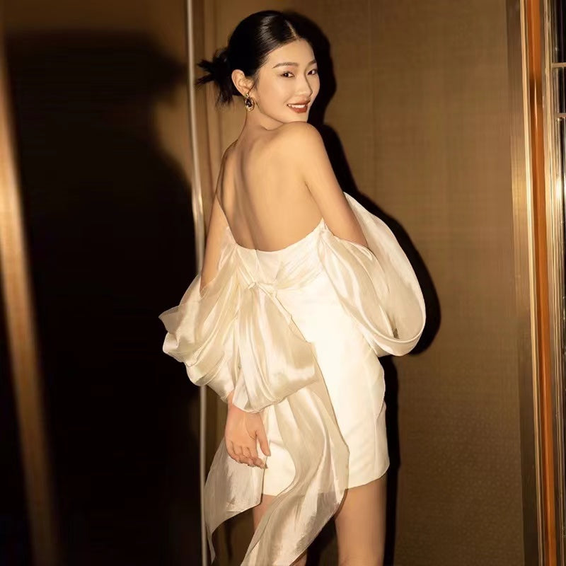 WHITE VIRAL PUFF SLEEVE STRAPLESS MINI DRESS - OWNCI