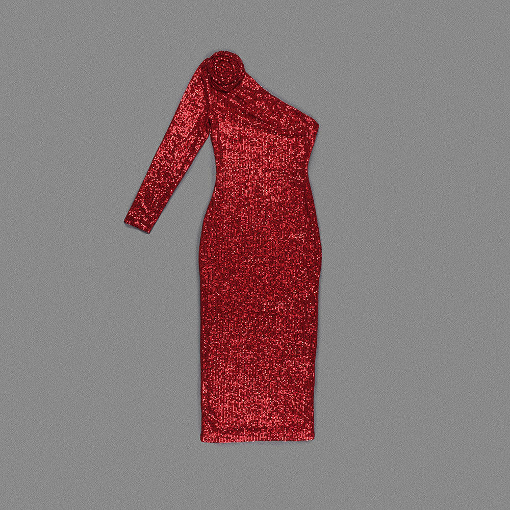74264c0ed72516d649052b1cd870c907.jpeg Fashionslee Women Red Three-Dimensional One-Shoulder Floral Sequined Stretch Dress