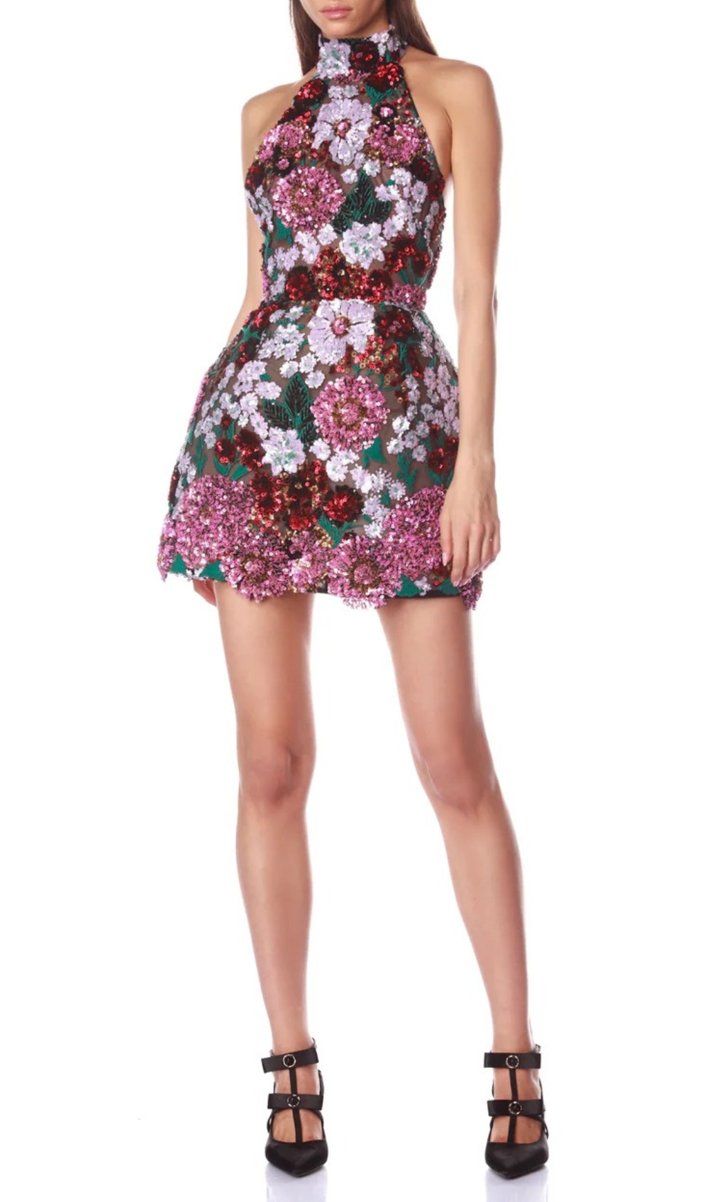 743506b8328084a3c863ba2dffe31569.jpg Fashionslee Women Giulia Halter Flower Sequin Mini Dress