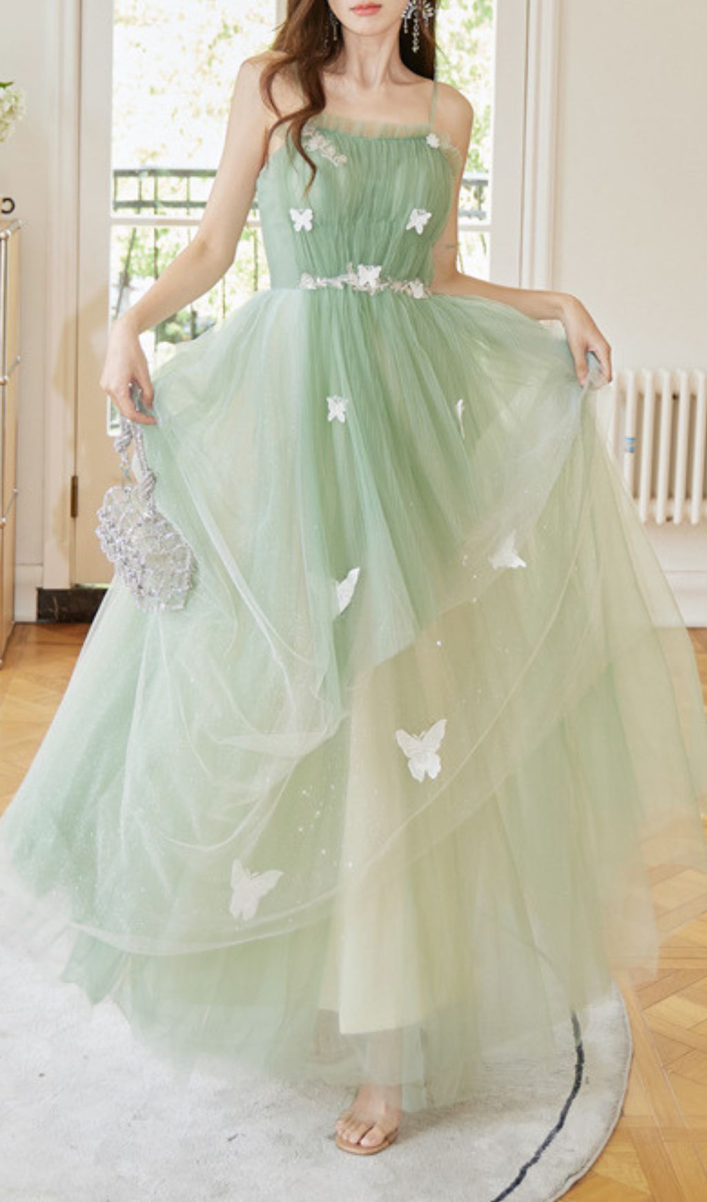 Fashionslee Women Freira Green Strappy Butterfly Mesh Maxi Dress