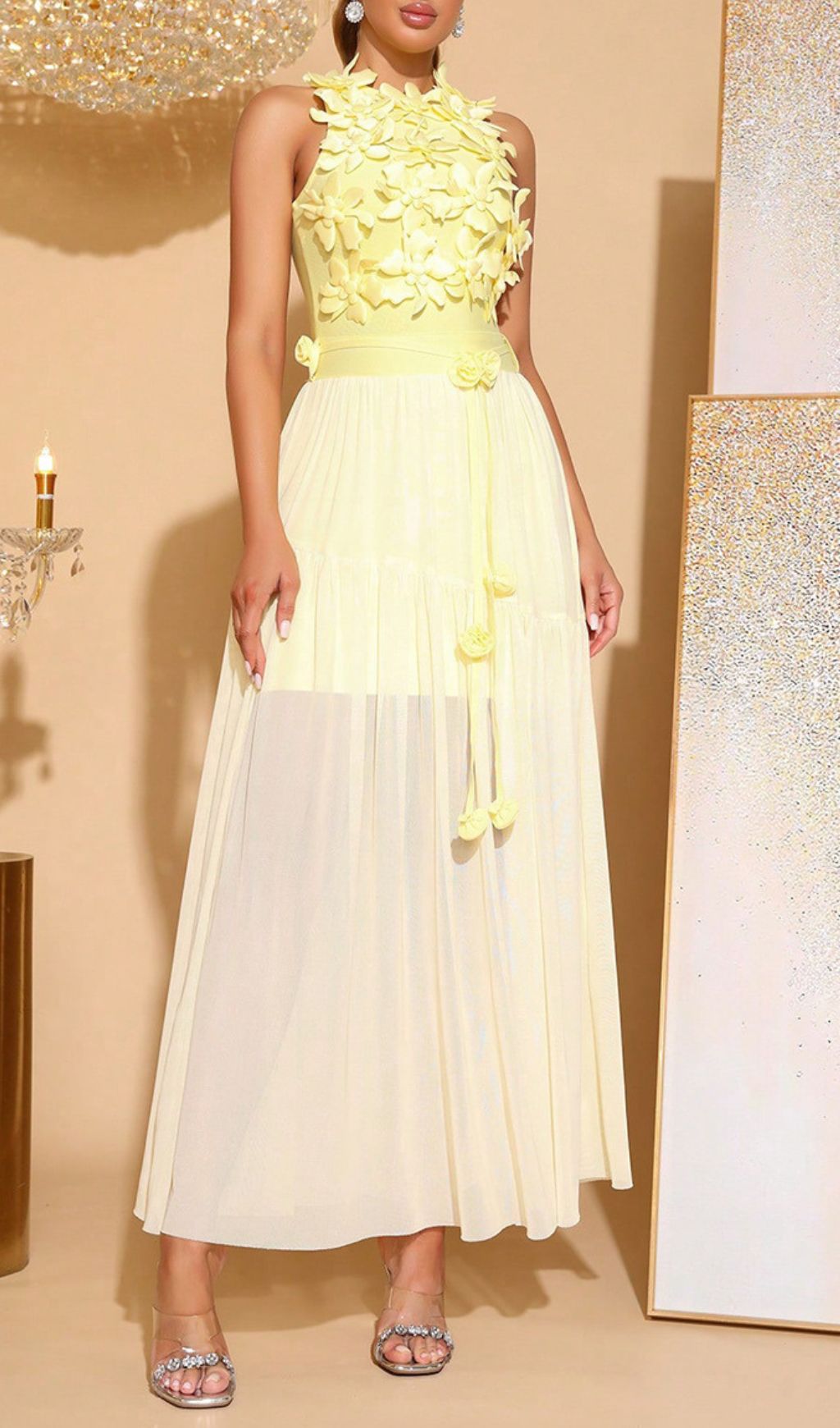 Fashionslee Women Hagop Yellow Flower Mesh Maxi Dress