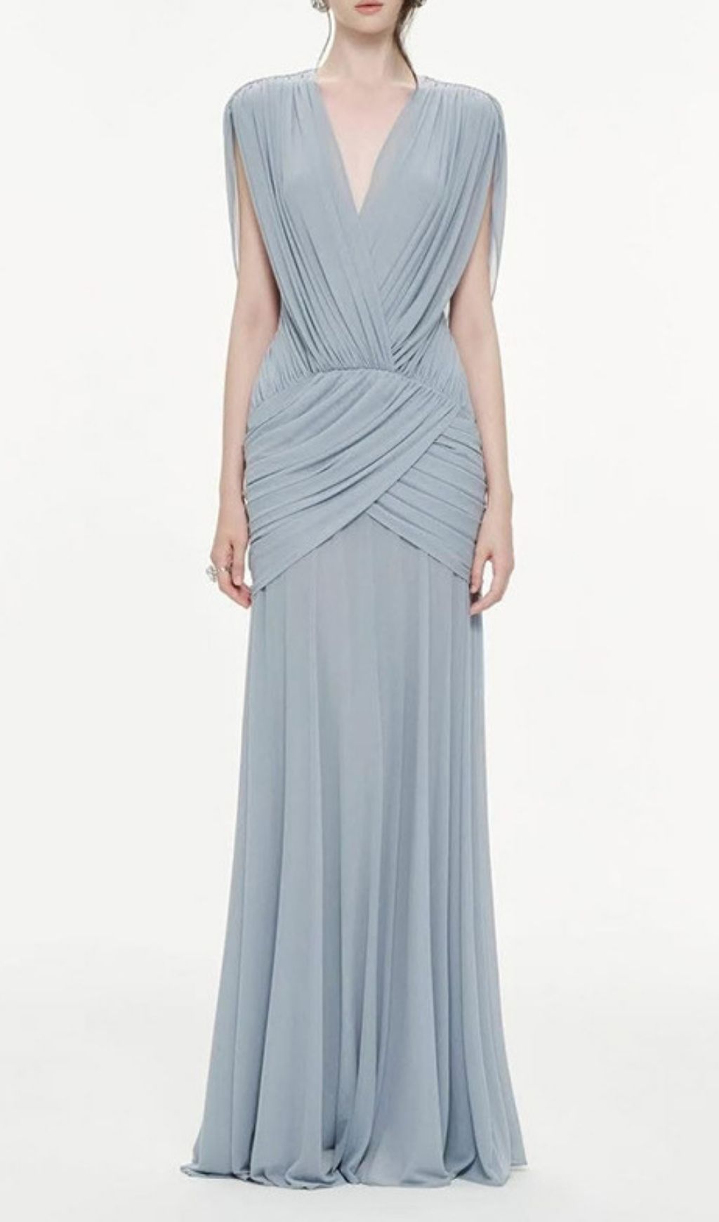 Fashionslee Women Kenia Blue V-Neck Ruched Maxi Dress