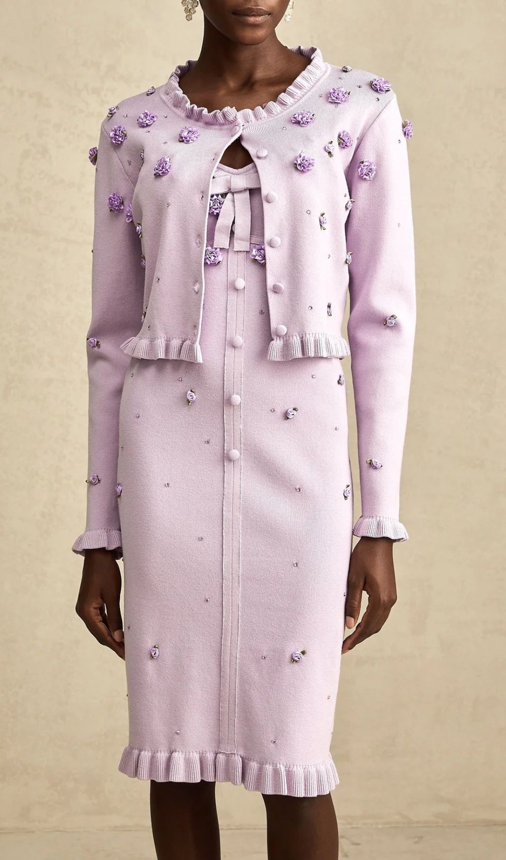 Fashionslee Women Hermes Purple Flower Cardigan & Midi Dress