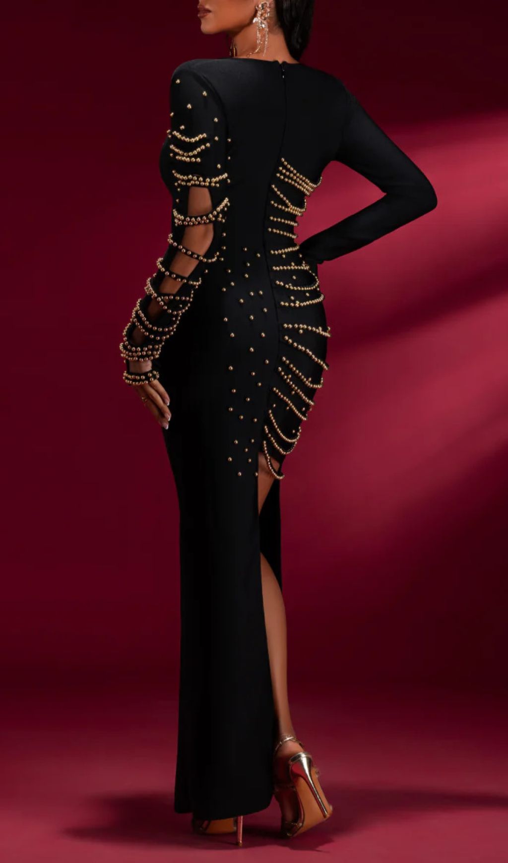 Fashionslee Women Gwyneth Black Beaded Long Sleeve Maxi Dress