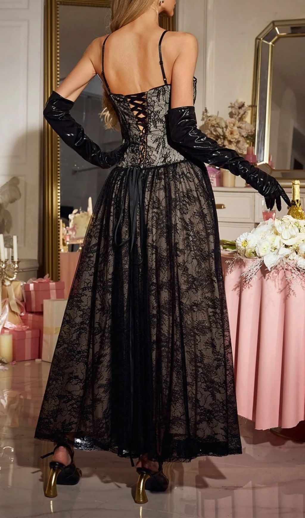 Fashionslee Women Nexorin Spaghetti Lace Sequin Maxi Dress
