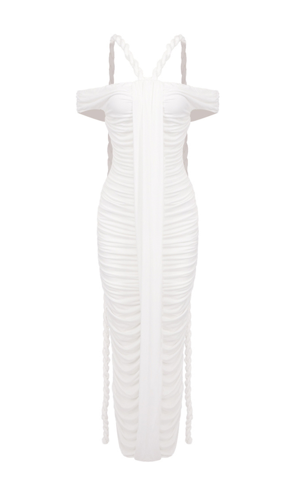 7515bb1998a71b7b952b124faa9b320d.jpg Fashionslee Women Buddug White Bardot Ruched Maxi Dress